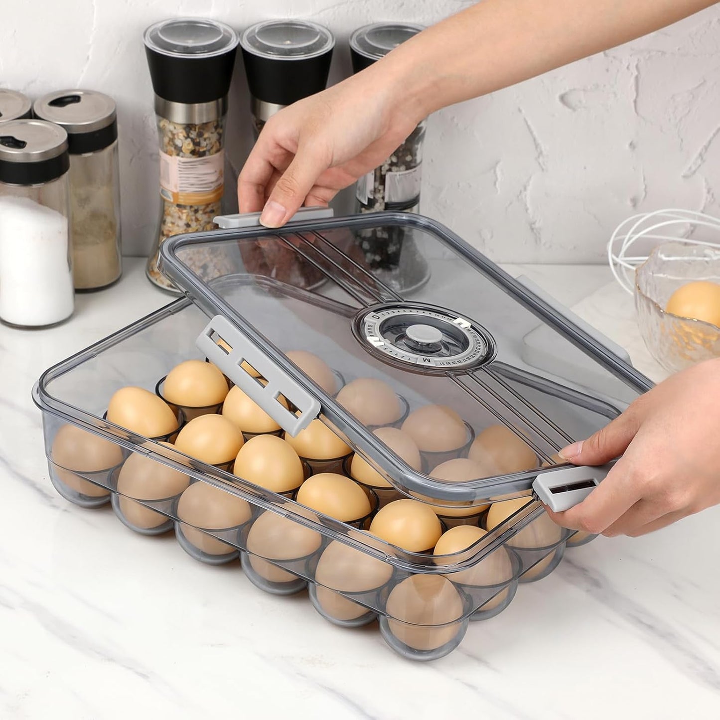 BTSKY Premium Plastic Egg Holder for Fridge - 24 Count Egg Container with Time Reminder and Lid, Reusable Stackable Egg