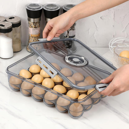 BTSKY Premium Plastic Egg Holder for Fridge - 24 Count Egg Container with Time Reminder and Lid, Reusable Stackable Egg