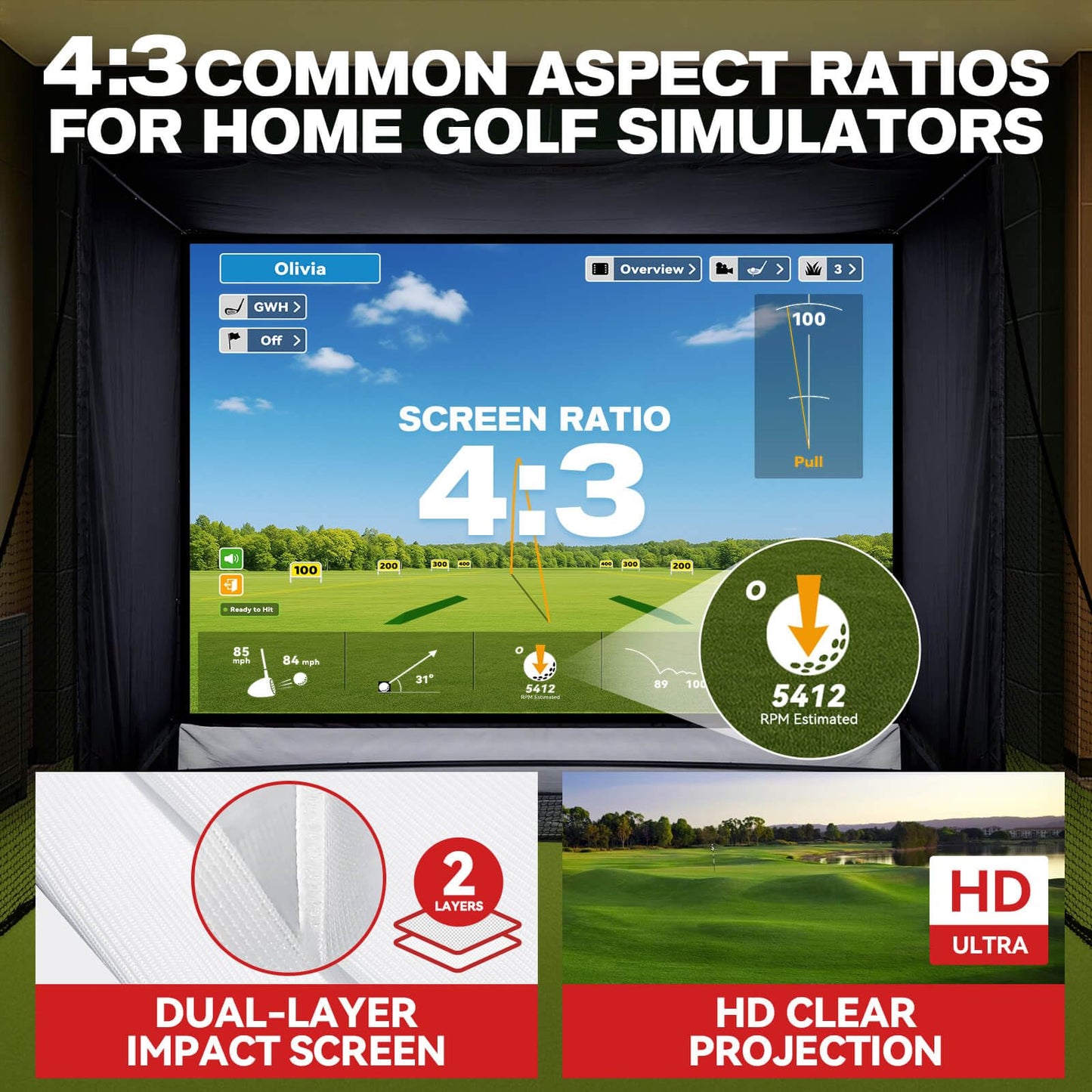 ZEALFEEL Golf Simulator Enclosure, 11x8FT Golf Net with HD Impact Screen & Side Barriers – Dual-Layer Impact Screen, Foam-Padded Frame, Indoor Cage Net for Home Garage Studio