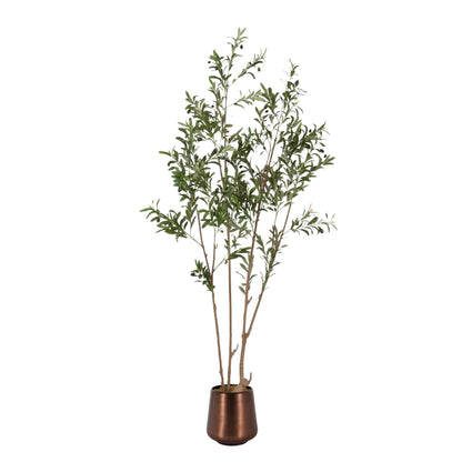 Kate and Laurel Oliveira Faux Olive Tree with Portell Metal Planter Pot, 7 FT, Bronze, Potted Artificial Olive Plant Tree with Realistic Foliage and Added Moss, Fake Plant Living Room Decor