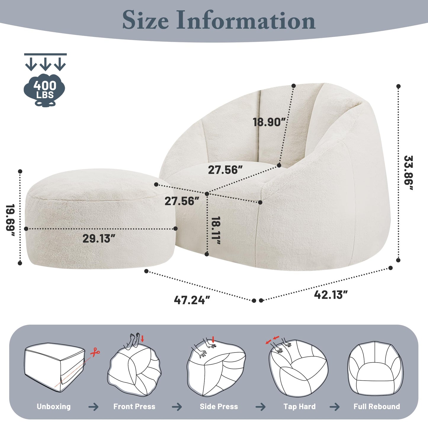 GRANDJOY Oversized Bean Bag Chair with Ottoman, Premium Foam Filling, Relaxing Lounger for Adults & Kids, Beige