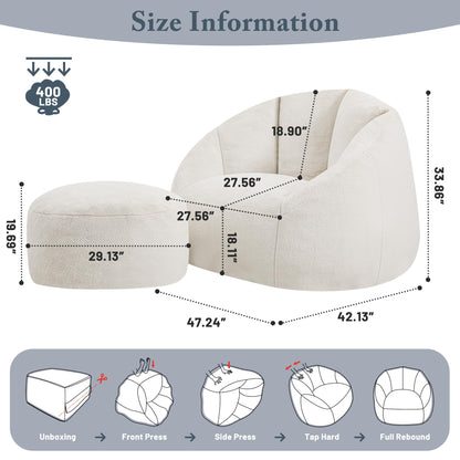 GRANDJOY Oversized Bean Bag Chair with Ottoman, Premium Foam Filling, Relaxing Lounger for Adults & Kids, Beige
