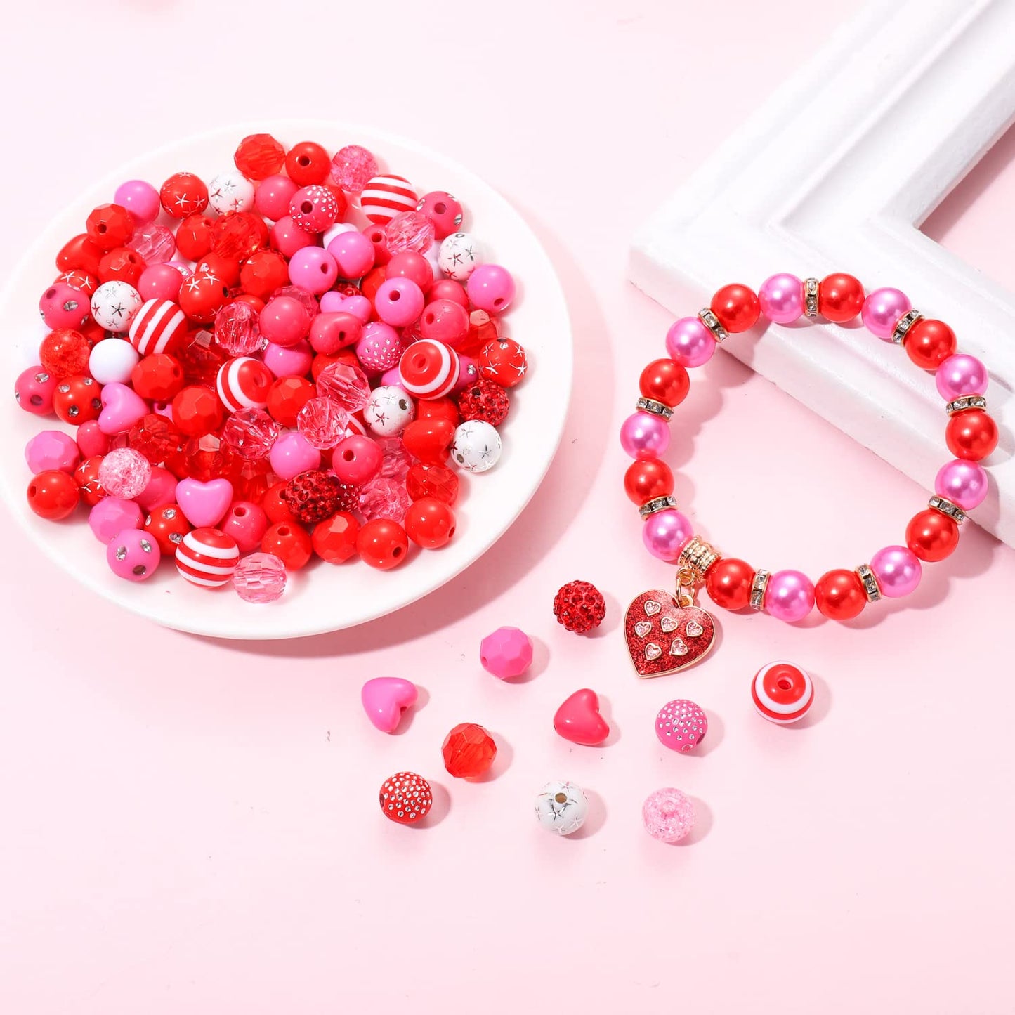 2300PCS+ Valentine’s Day Beads for Jewelry Making, Red Polymer Clay Beads Assorted Rhinestone Crystal Acrylic Beads Spacer Bead Heart Charms for Bracelet Necklace Making DIY Crafts (2300PCS A)