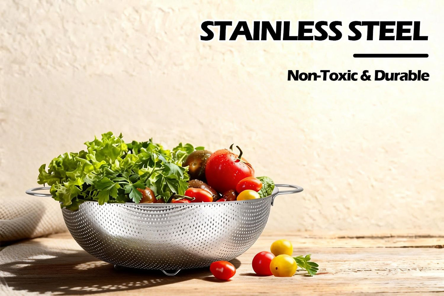 Leonyo Stainless Steel Colander for Kitchen, Micro-Perforated Metal Strainer with Handles for Draining Pasta, Strainers and Colanders Set of 3(1-3-5Quart) for Rinsing, Steaming, Dishwasher Safe