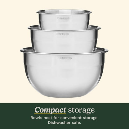 Cuisinart Mixing Bowl Set, Stainless Steel, 3‑Piece Nesting Bowls for Baking, Cooking & Food Prep, CTG-00-SMB