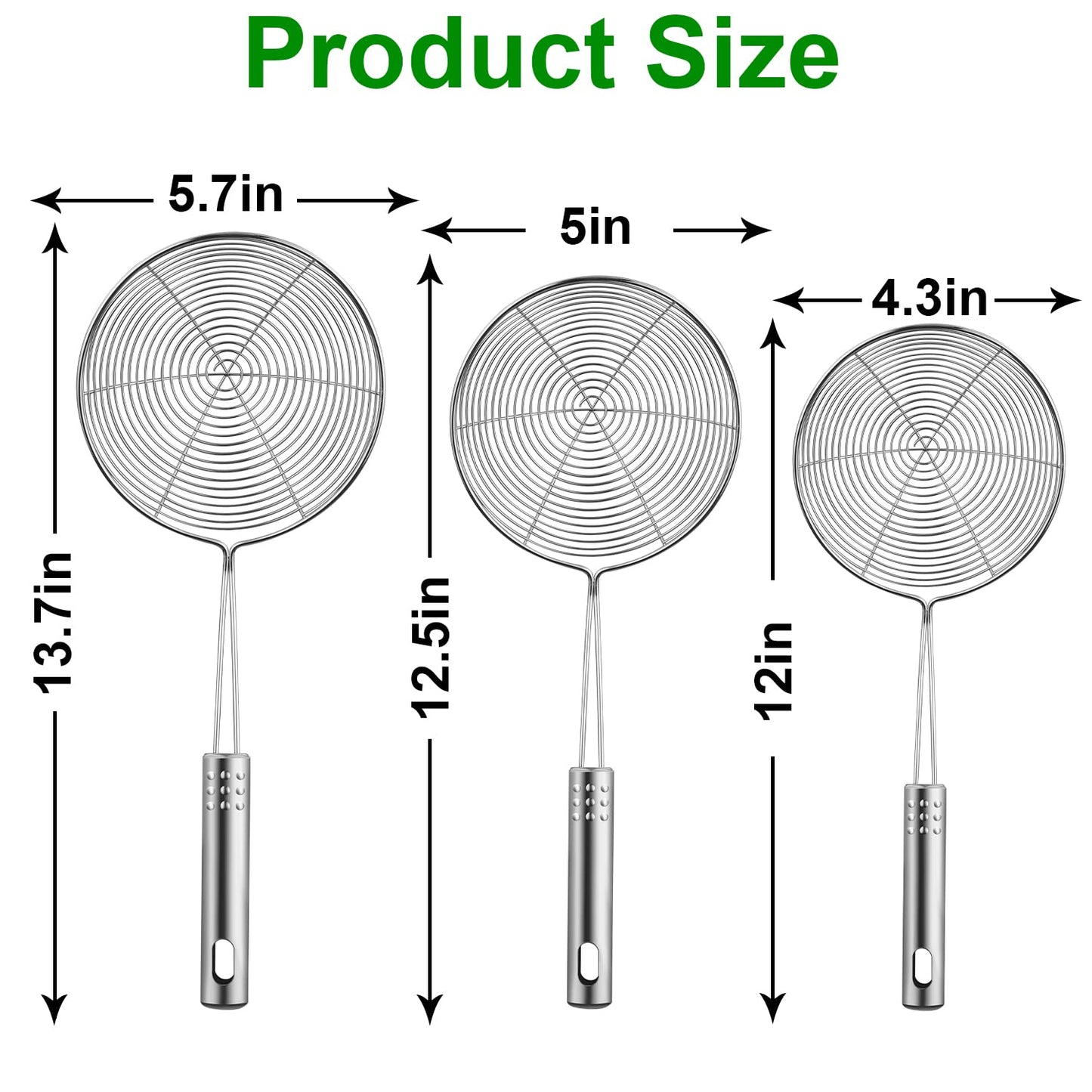 Swify Spider Strainer Set of 3 Asian Strainer Ladle Stainless Steel Wire Skimmer Spoon with Handle for Kitchen Frying Food, Pasta, Spaghetti, Noodle-30.5cm, 32cm, 35cm