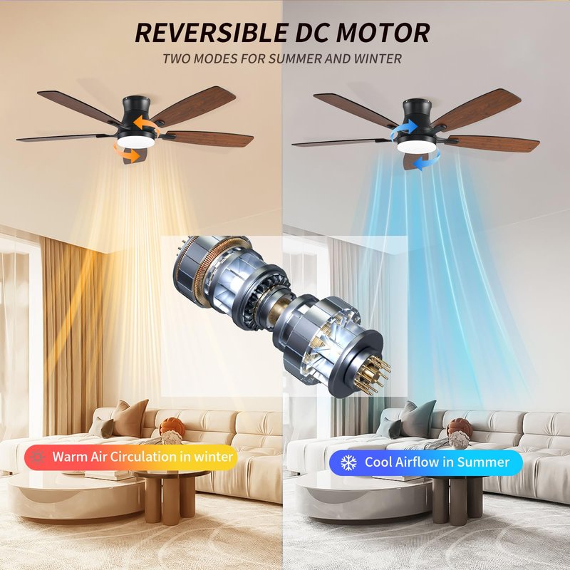 FUMLTP Ceiling fans with Lights, 54 In RGB Low Profile Indoor Ceiling fan with Light and Remote/App Control, Dimmable, Flush Mount, DC Reversible Motor, Noiseless Modern Ceiling Fan For Bedroom（Brown）