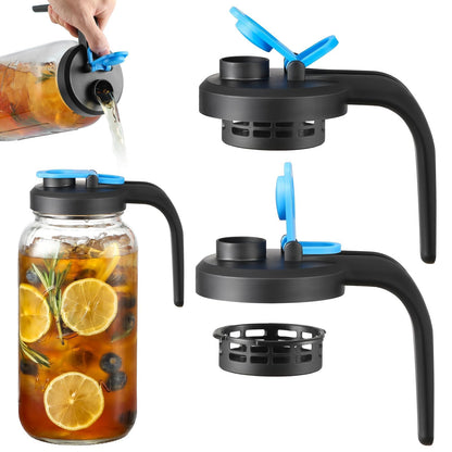 UPGRADED- Mason Jar Pour Spout Lids with Detachable Filters for Wide Mouth Mason Jars - 2 Pack Flip Top Pitcher Lids with Handle for Ball & Others- Airtight Seal Cover Cap, Dishwasher Safe, Food Grade
