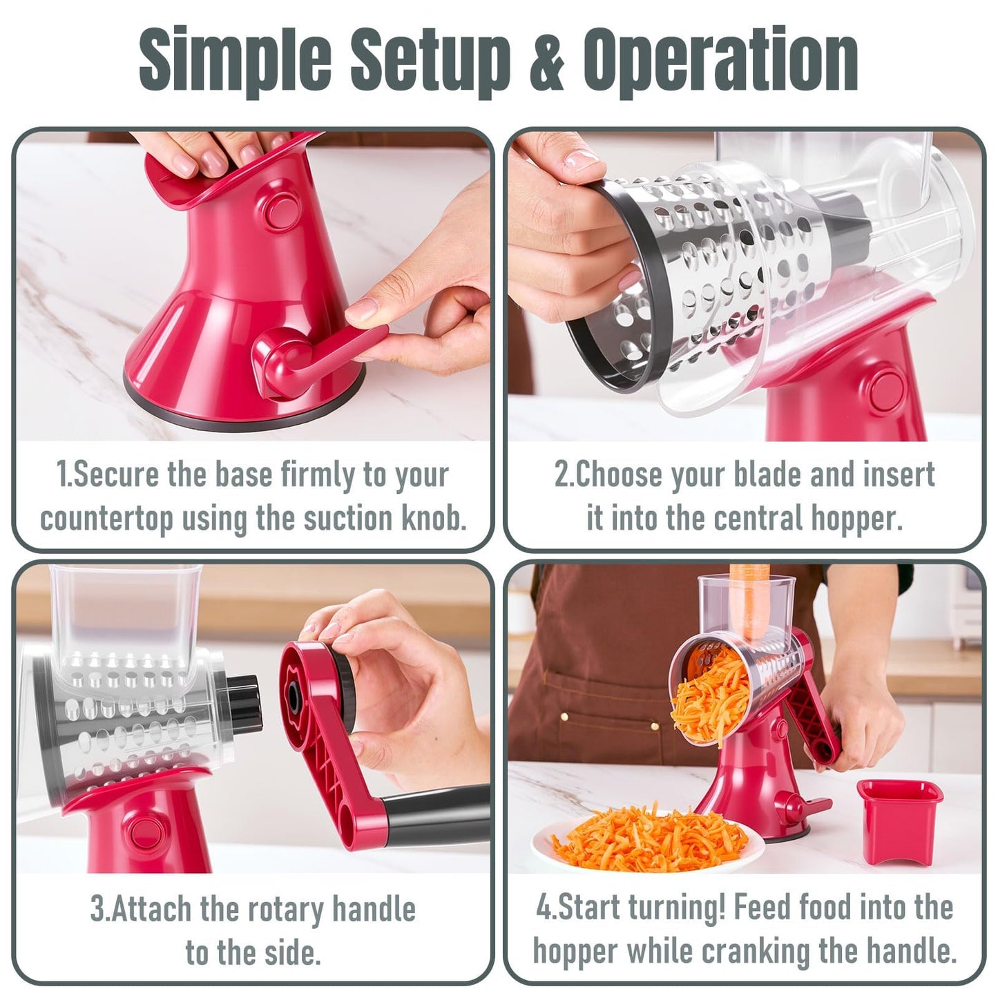 KYZ Rotary Cheese Grater - 12X Faster Hand Crank Vegetable Slicer with 3 Premium Stainless Steel Blades, Strong Suction Base, Dishwasher Safe Food Shredder for Cheese, Vegetables, Nuts, Chocolate