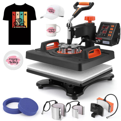 PioneerWorks 6 in 1 Heat Press Machine 12x15inch, T-Shirt Pressing Machine Slide Out Design with Digital Controller, Heat Press Transfer Combo for T-Shirt/Hat/Cap/Mug/Plate