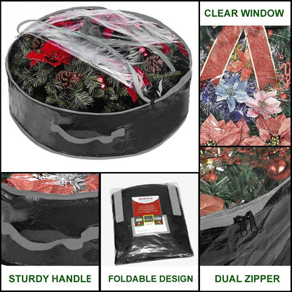 Propik Christmas Wreath Storage Bag - Tear Resistant Holiday Container with Clear Window | 36 Inch, Black - 2 Pack