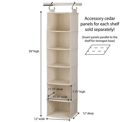 Household Essentials Cedarline 6-Shelf Hanging Closet Organizer, Heavy-Duty Cotton Canvas, Breathable, Versatile, Compact, Perfect for Rod or Wire Closets, Natural