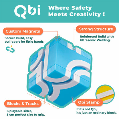 QBI STEM All-in-1 Toy Set with 5 Cars & 3D Tracks | Open Ended Educational Sensory Magnet Cubes | Montessori Toys, Magnetic Building Blocks for Boys & Girls (49 Pieces)