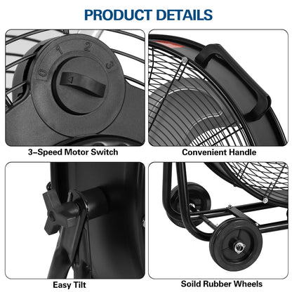 BILT HARD 24" 8100 CFM High Velocity Drum Fan, 3 Speeds Heavy Duty Tilt Metal Floor Shop Fan, Commercial Industrial Use for Garage, Factory, Warehouse, Black