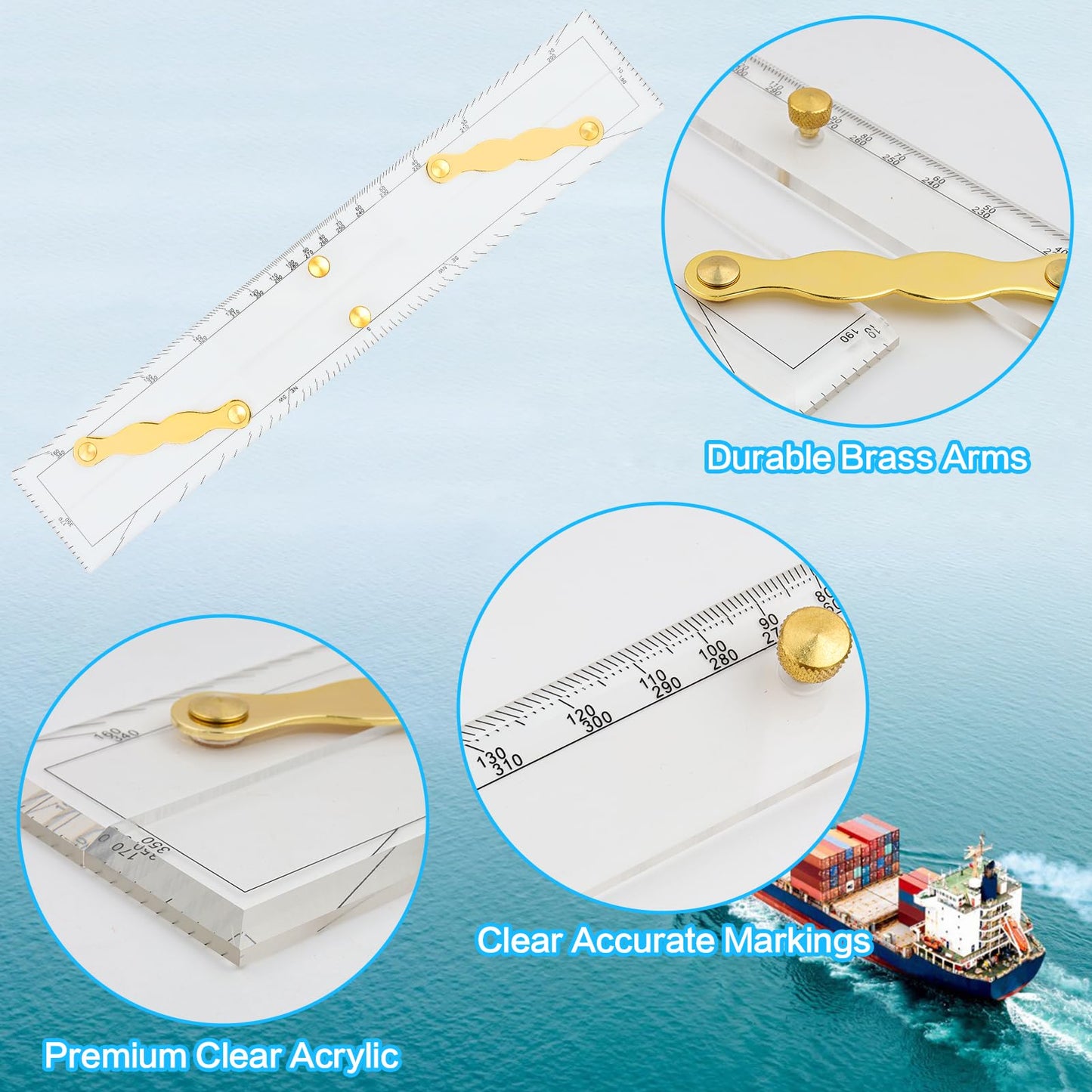 Ironwarrior 3 Pcs Basic Navigation Set,Including 15inch Parallel Ruler with Brass Arms, Nautical Protractor, and 6 Inch Marine Fixed Points Divider, Marine Accessories with Clear Scales for Boat