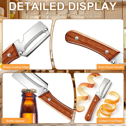 Multi-Functional Vegetable Peeler for Kitchen, With Wooden Handle and Bottle Opener, Comfortable and non-slip handle Stainless Steel Blade Easy to Clean for Fruit Potato Pumpkin Papaya (2 PCS)
