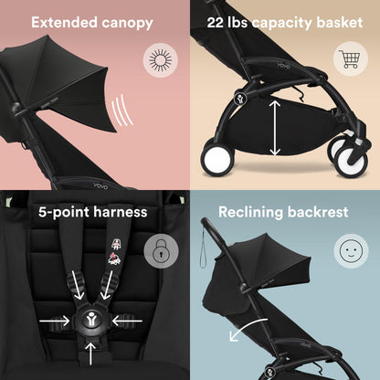 Stokke YOYO3 Stroller from 6 Months - Includes Black Frame, Seat Cushion & Canopy - Folds in & Out in a Flash - Light & Compact - Carry-On Compatible