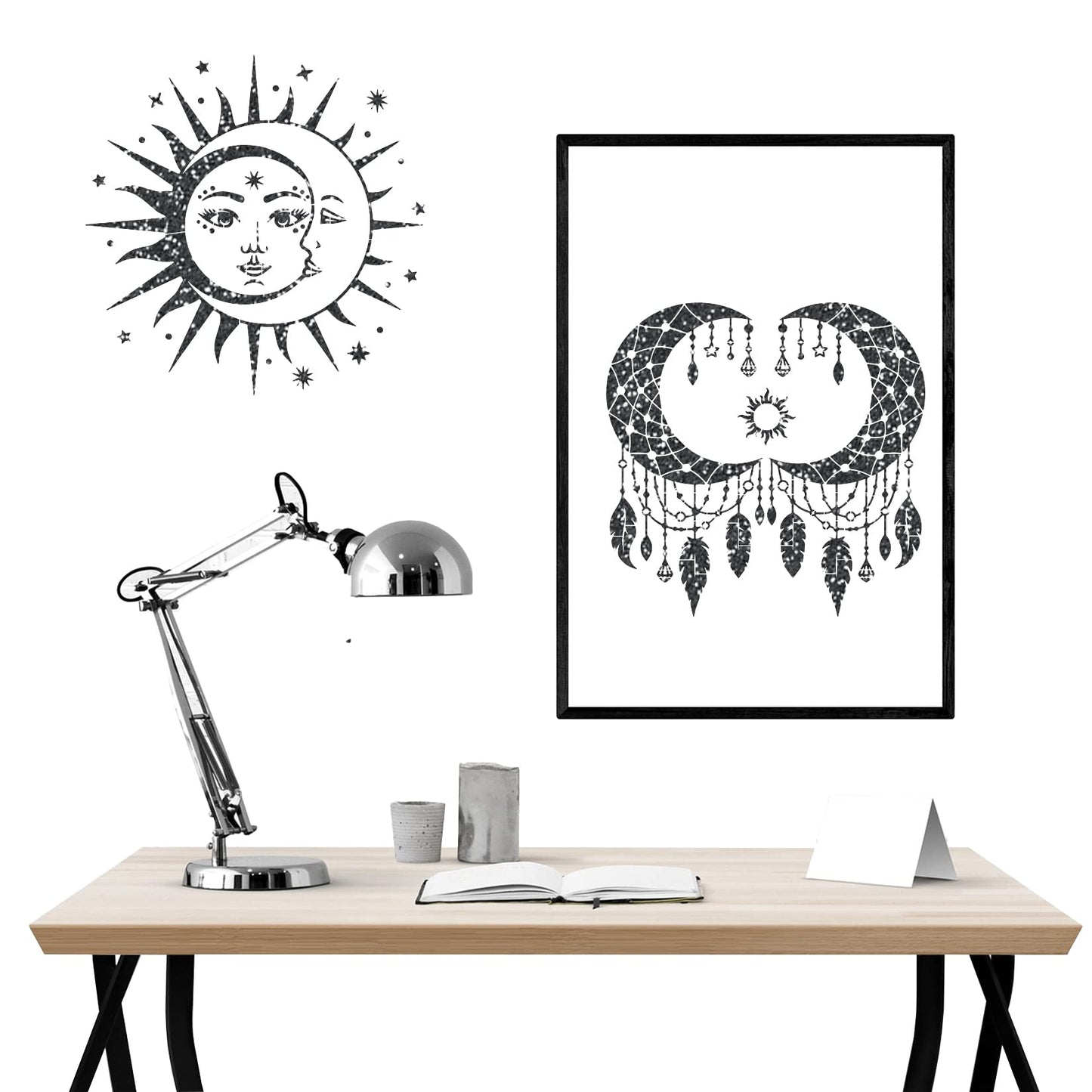 9 Pieces Large Mandala Sun and Moon Stencil Butterfly Flower Tree Paint Stencils for Crafts Reusable Templates Star Celestial Stencils for Painting Wood Wall Furniture Home Decor (Sun Moon)