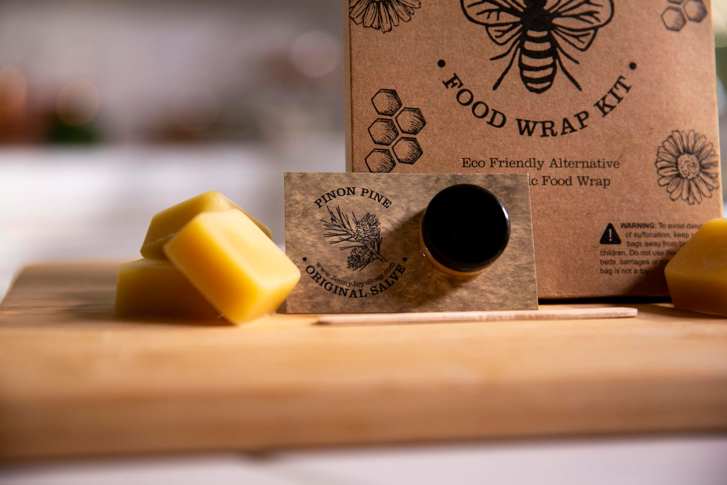 Made in USA DIY Pre Mixed Beeswax Wrap KIT- Made with Pine Resin, Beeswax & Jojoba Oil - Beeswax Wraps for Food- Make Your Own 6 Bees Wrap Sheets with 5 ml Pinon Salve for Sticky Fingers Square Shape