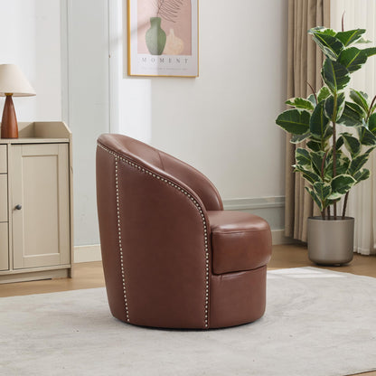 GDFStudio Hayezf Top-Grain Leather Swivel Chair, 360° Swivel Accent Chair with Chesterfield Studs, Mid-Century Modern Lounge Seating for Living Room & Office, No Assembly Required, Brown