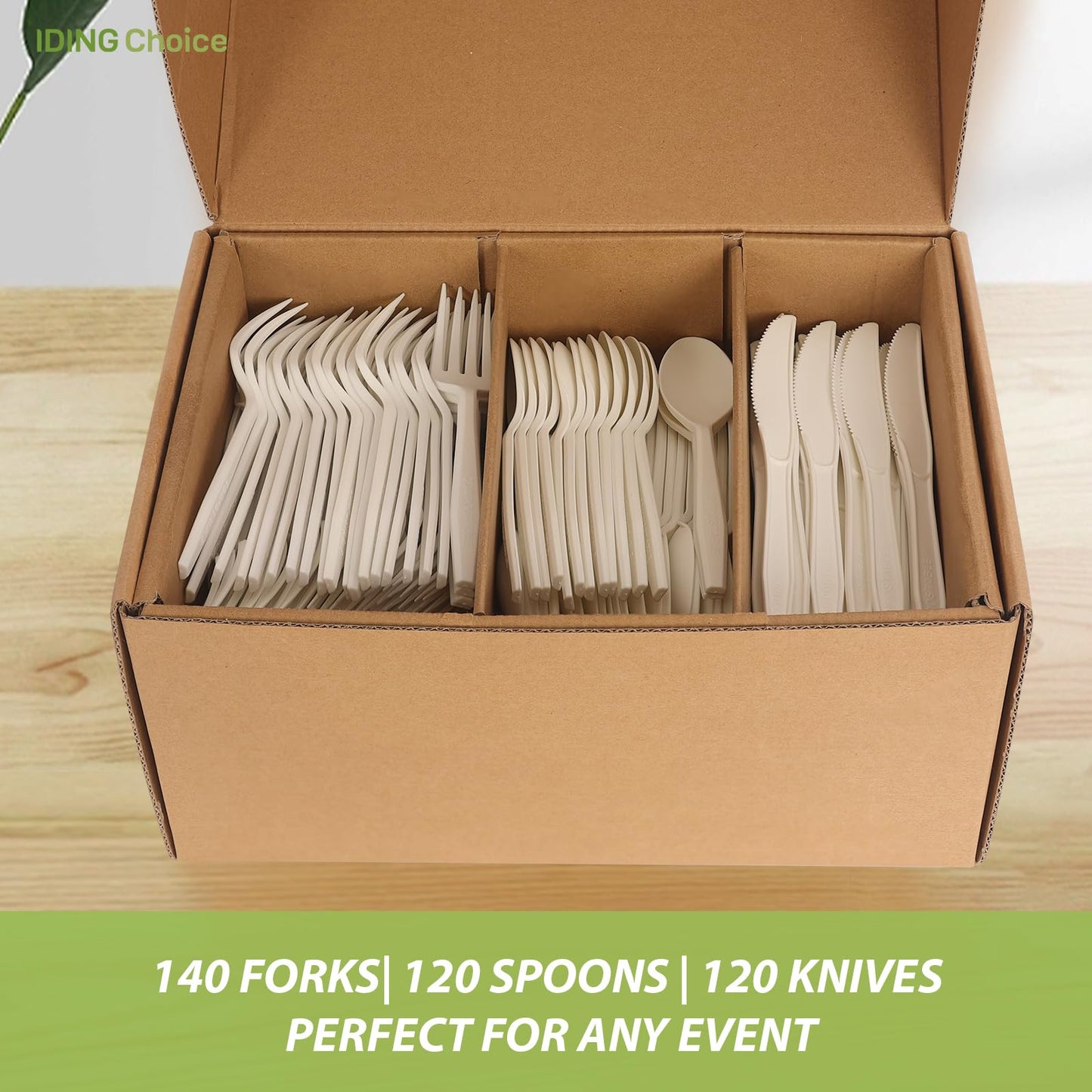 IDING Choice 380 Count Heavy Duty Compostable Cutlery Set 140 plastic forks 120 spoons 120 knives eco-friendly no plastic silverware compostable utensils for Weddings, Parties, Office, Camping, Picnic