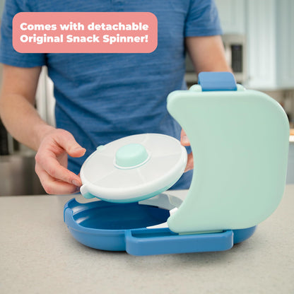 GoBe Kids Lunchbox with Small Snack Spinner Flip - Bundle with Hand Strap & Sticker Sheet, 2-in-1 Bento Style Lunch Container, 5 Small +1 Large Sandwich Compartment, BPA & PVC Free- Macaron Blue