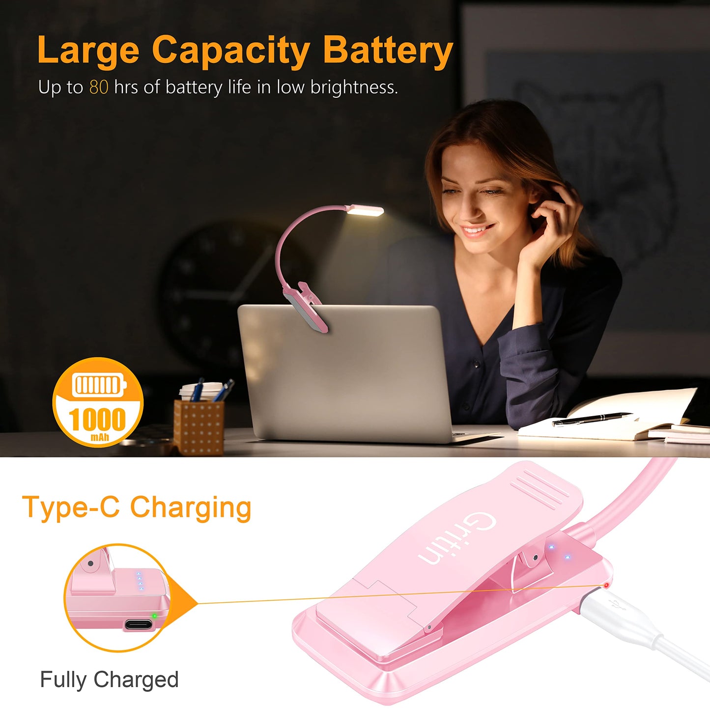 Gritin 9 LED Rechargeable Book Light for Reading in Bed - Eye Caring 3 Color Temperatures,Stepless Dimming Brightness,80 Hrs Runtime Small Lightweight Clip On Book Reading Light for Studying