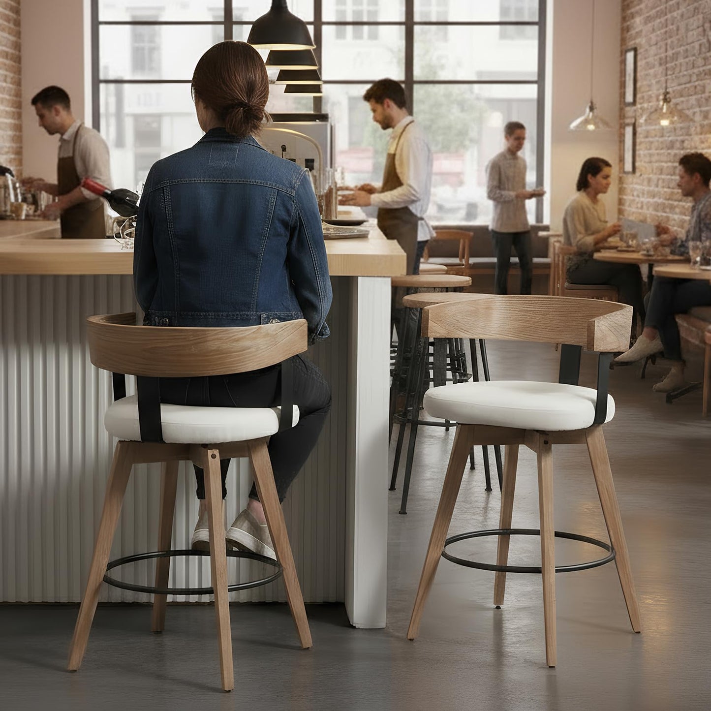 DUOMAY Swivel Bar Stools Set of 2, 26" Counter Height Bar Stool with Footrest Modern Wood Barstools with Linen Upholstered Seat Counter Stools for Kitchen Island Home Bar, White