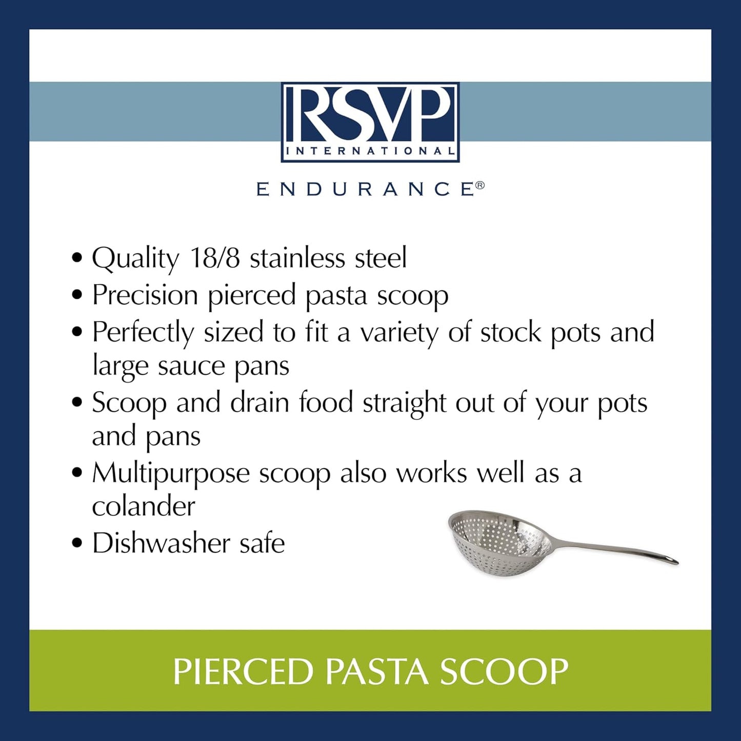 RSVP International Endurance Kitchen Collection, Pierced Straining Tools, Pasta Scoop, 18/8 Stainless Steel