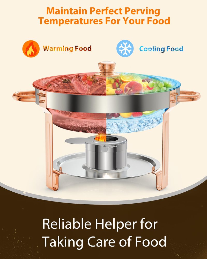 GarveeHome Chafing Dish for Buffet 2 Pack, 5 QT Round Chafing Dishes Buffet Set w/Lid Holder, Stainless Steel Chafers and Food Warmers with Spoon and Tweezers for Parties, Weddings, Events, Rose Gold