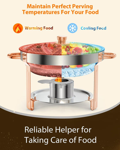 Chafing Dish for Buffet 2 Pack, 5 QT Round Chafing Dishes Buffet Set w/Lid Holder, Stainless Steel Chafers and Food Warmers with Spoon and Tweezers for Parties, Weddings, Events, Banquet, Rose Gold