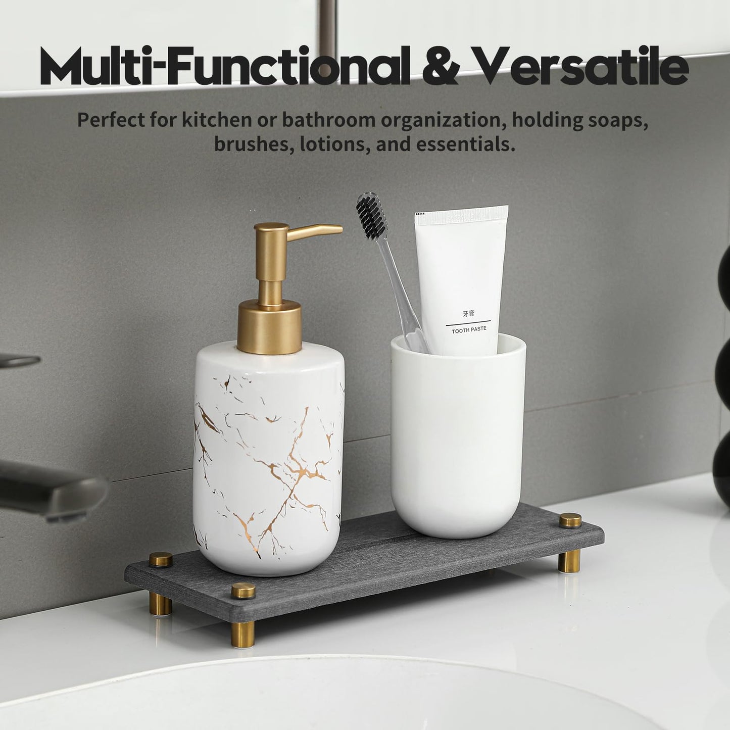 Kitchen Sink Caddy Water Absorbing Stone Drying Tray, Diatomite Bathroom Sink Organizer, Faucet Counter Mat Coaster, Soap Dish Rack Riser Dispenser Sponge Holder, Dark Gray Gold 10" x 4"
