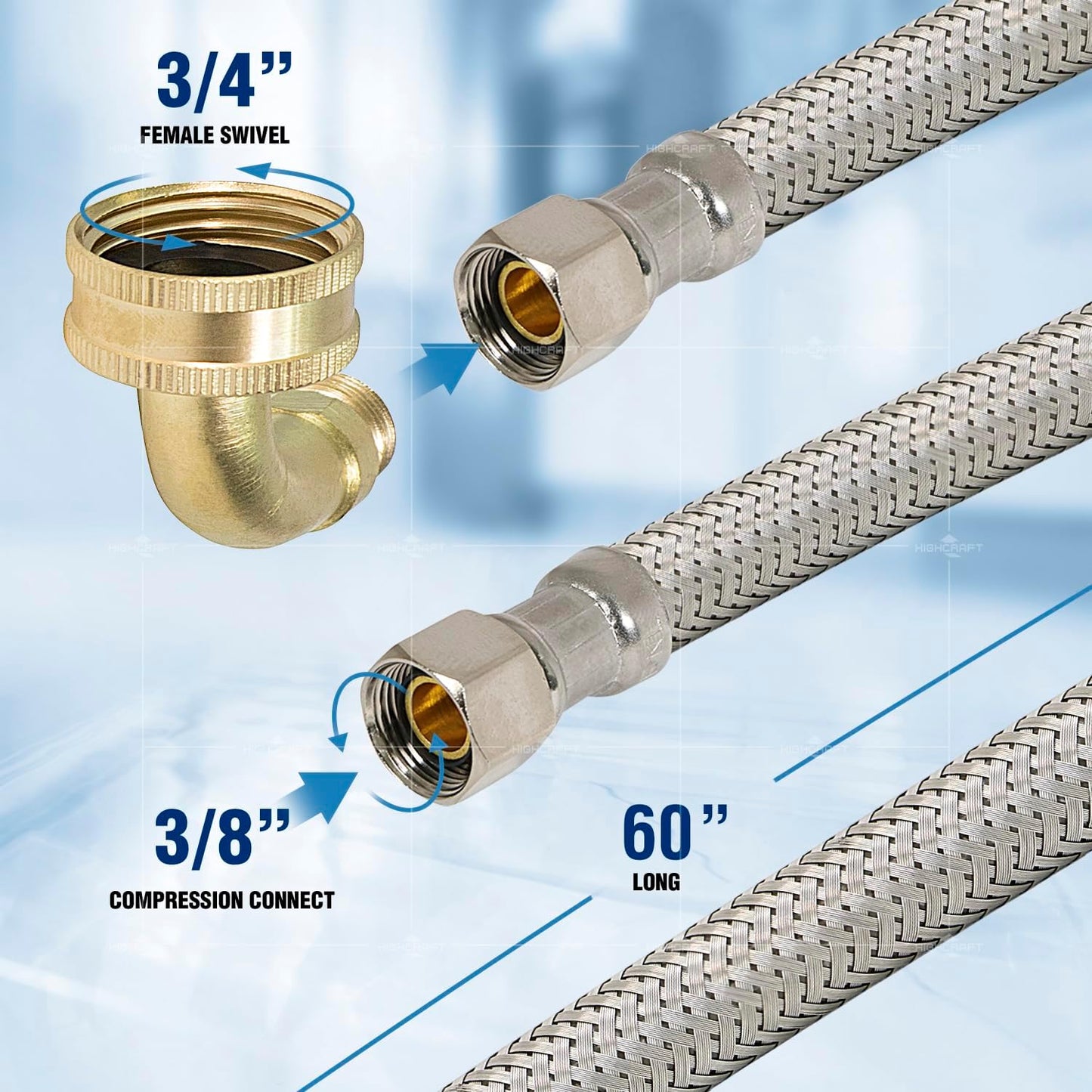 CNCT28760-OM Connector, 60 Inch Dishwasher Supply Line with Swivel Elbow, Connects Dishwasher to Water