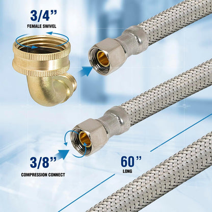 CNCT28760-OM Connector, 60 Inch Dishwasher Supply Line with Swivel Elbow, Connects Dishwasher to Water