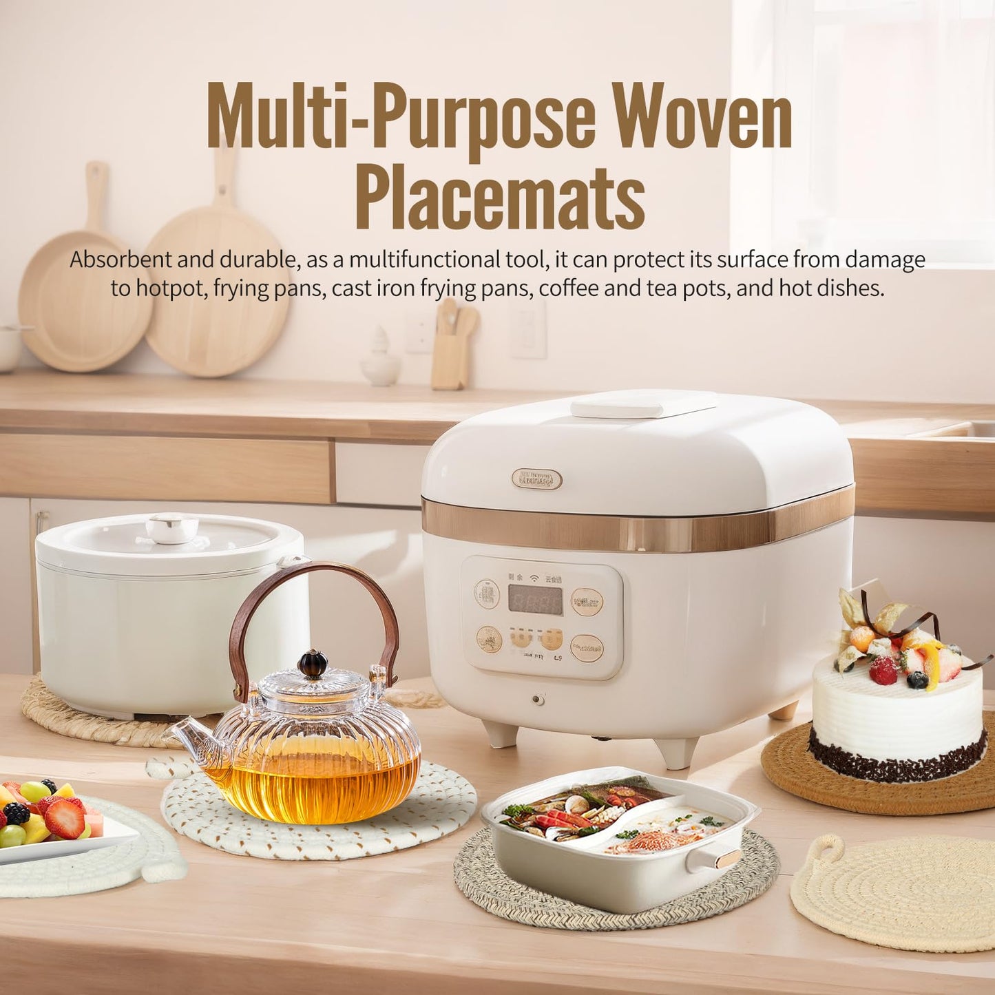 Hot Pads for Kitchen & Quartz Countertops – 6-Pack 8-Inch Cotton Trivets for Hot Dishes, Pots and Pans, Machine Washable Farmhouse Kitchen Decor with Storage Basket