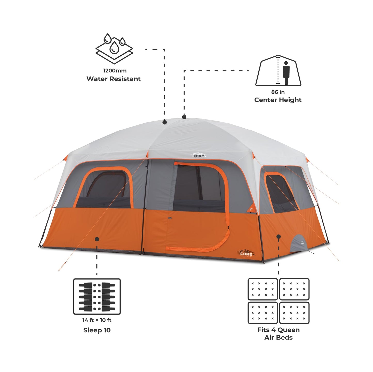 CORE 10 Person Tent | Large Multi Room Family Cabin Tent with Carry Bag for Outdoor Car Camping | Included Gear Loft Organizer for Camping Accessories
