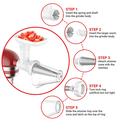 Fruit & Vegetable Strainer Attachment Set for KitchenAid Stand Mixer, Includes Food Grinder Attachment with Sausage Stuffer Tubes and Juicer Auger, Meat Grinder Attachment for KitchenAid by InnoMoon