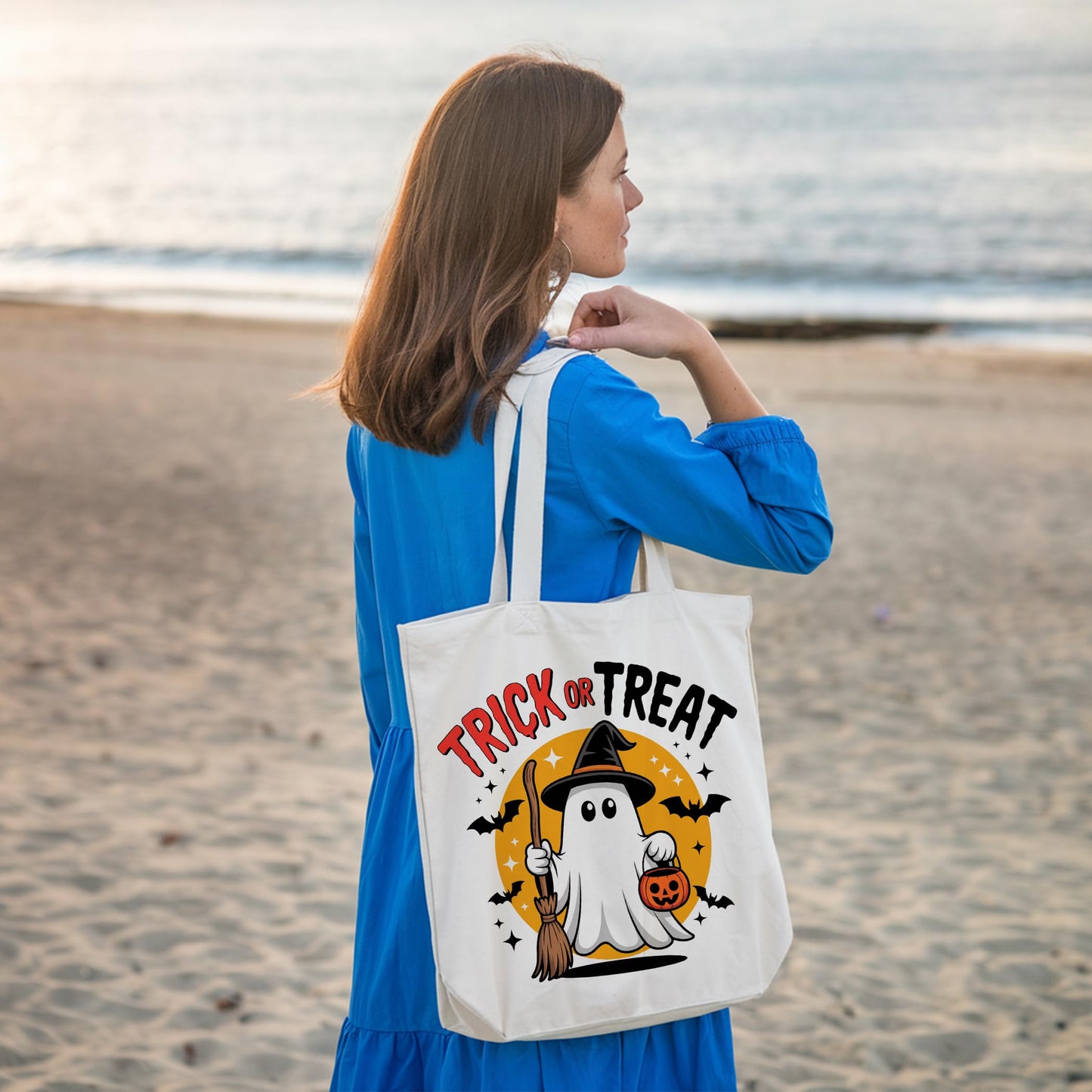LRYBUD Funny Halloween Tote Bag Trick or Treat for Women Canvas Womens Work Tote Bag Gifts