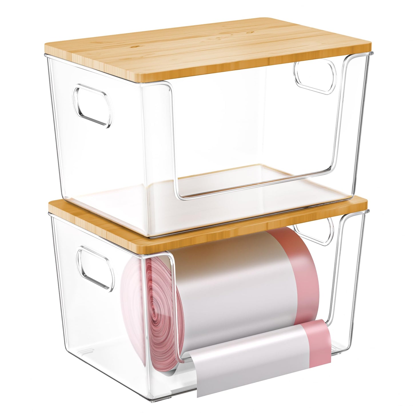 2 Set Pantry Organizer and Storage, Stackable Trash Bag Dispenser Clear Acrylic Kitchen Counter Pantry Baskets for Potato, Onion, Produce, Fruit, Vegetable, Snack, Trash Bag Holder with Bamboo Lid