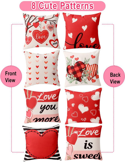 multiwins Valentine Decorations Set of 4 Double-Sided Valentine's Day Throw Pillow Covers 18" x 18", Reversible 8 Designs, with 16 pcs Heart & Love Balloons, Stickers, Complete Valentines Decor Kit