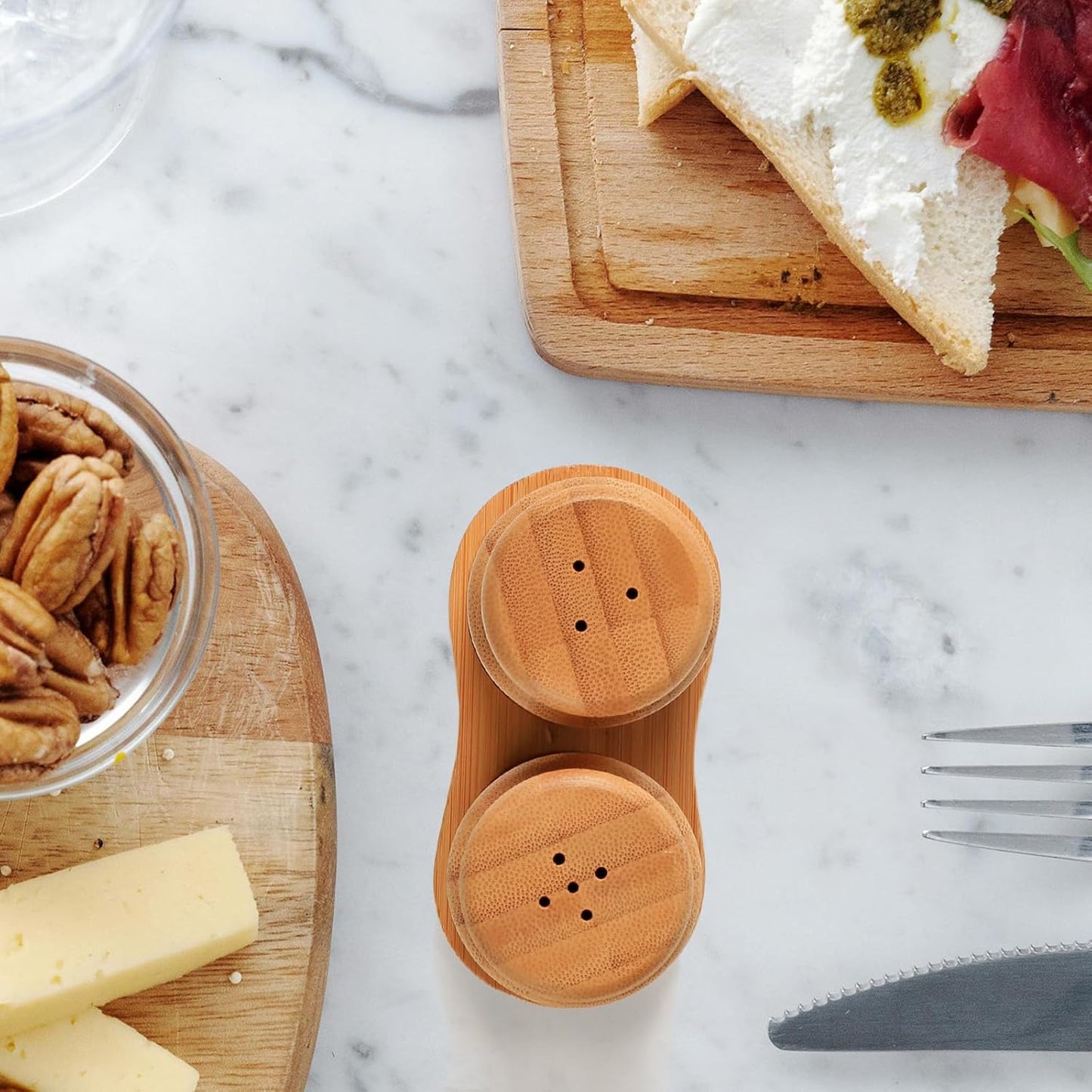 Salt and Pepper Shakers Set with Base Rack, Bamboo Wooden Shaker for Kitchen Counter or Table, Farmhouse Decorations