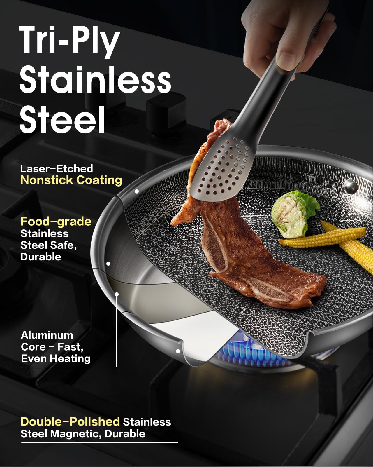 USELUCK Non Stick Frying Pans with Lid,8/10/12 inch Skillet Set,Update Coating.Compatible with All Cooktops,Oven Safe,Dishwasher Safe,PFAS-Free.