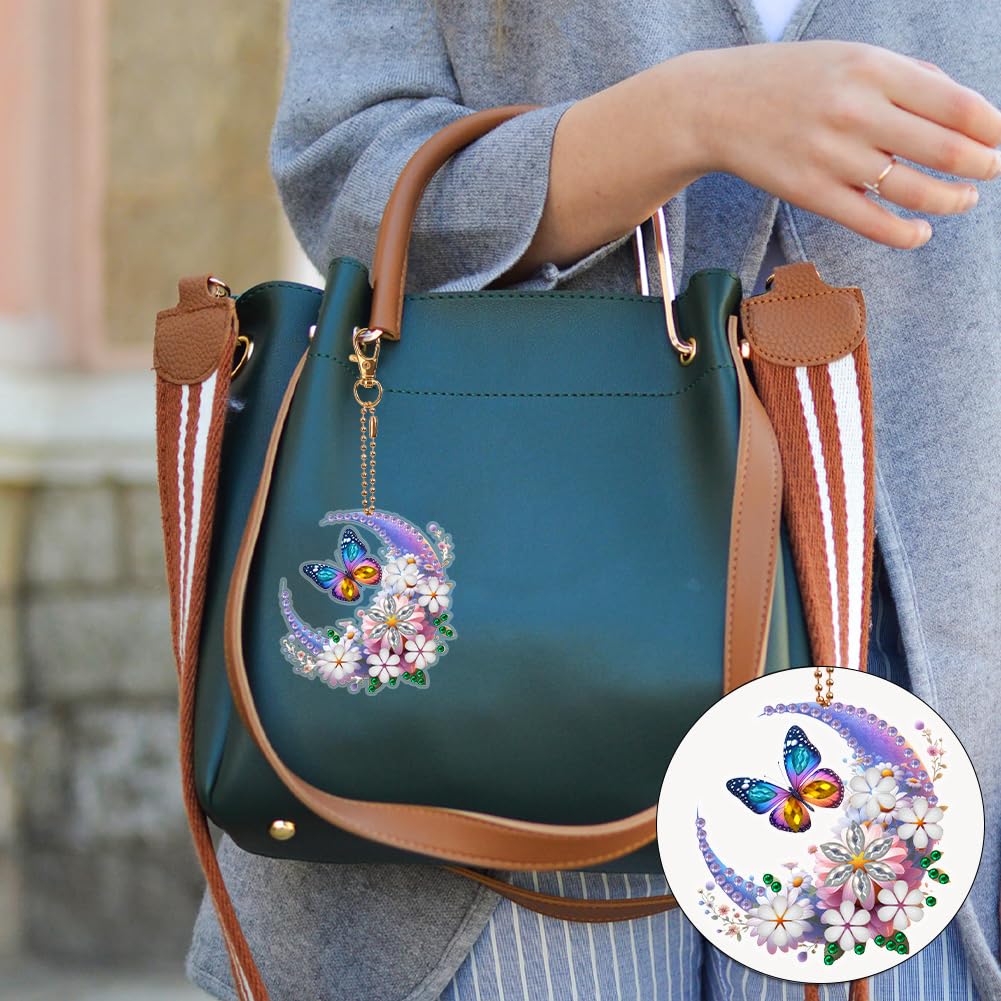 C'eitura 6Pcs Moon & Butterfly Diamond Painting Keychains, Double-Sided Crystal Rhinestone Charms, Mystical Celestial Gifts for Women, Birthday Party Favors