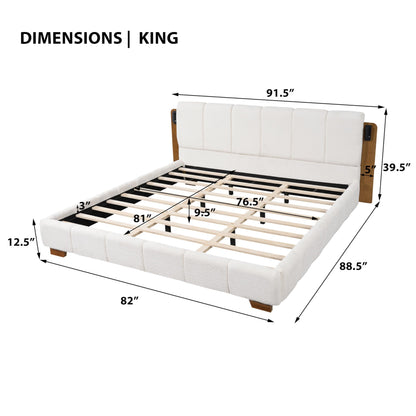 Christopher Knight Home Dora Boucle Upholstered King Bed Frame and Headboard, King Platform Bed and Reading Light, Wooden King Size Bed Frame with Tufted Design, No Box Spring Needed, White + Brown