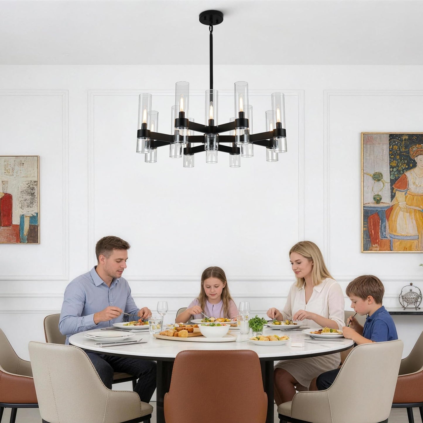 12 Light Black Chandeliers for Dining Room Light Fixtures Over Table, Modern Farmhouse Chandelier with Clear Glass Cover for Living Dining Room Kitchen Island Bedroom Foyer 34"