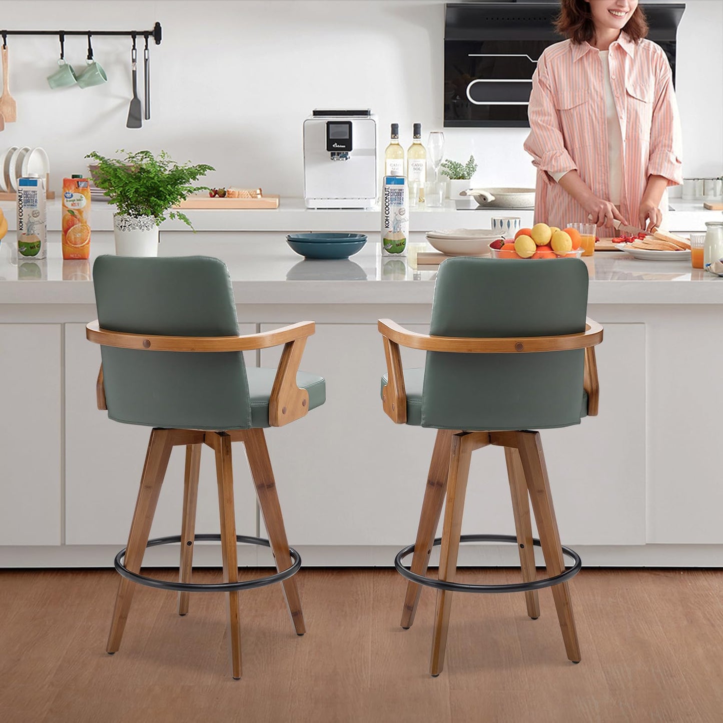 MEKLIBA 30” Bar Height Bar Stools,Leather Upholstered Bar Chair, Swivel Bar Stools with Back and Arms，Modern Barstool Set of 2 for Kitchen Island (Green)
