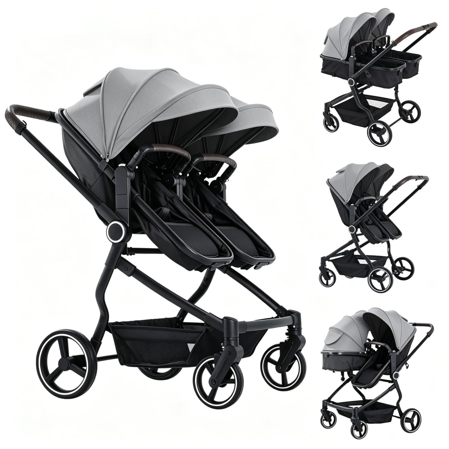 TALENBEEN Double Stroller for Infant and Toddler, Lightweight Side by Side Twin Baby Stroller, 26.8" Slim Design Fits Doors, Compact Foldable Travel Stroller, Independent Recline, Gray