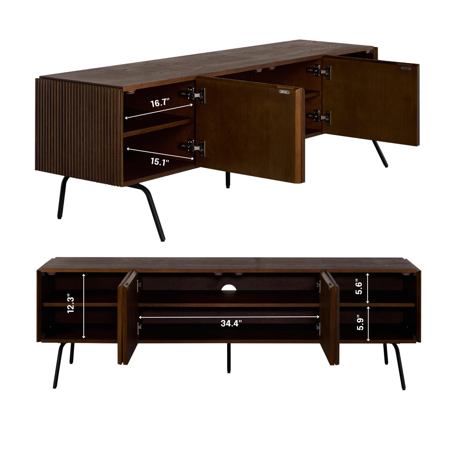 NTC Veil TV Stand with 4 Doors for TVs up to 75’’, Media Console with Vertical Groove Design and Metal Legs, Modern Entertainment Center for Living Room and Bedroom, Effortless Assembly, Dark Walnut