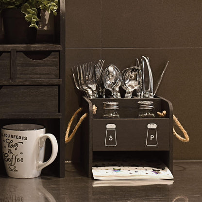 Ikee Design Wooden Utensil Caddy with Handles, Includes Salt Pepper Shaker, Silverware Holder Organizer for Countertop,