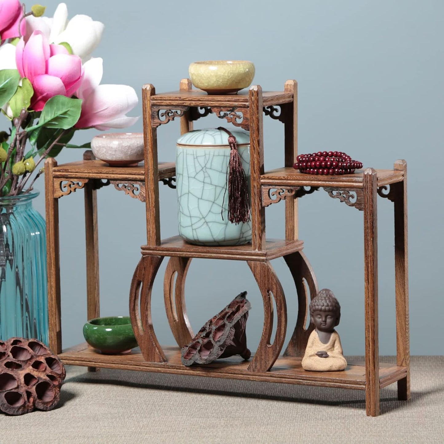 Wood Display Stand, Antique Wooden Display Shelf, Freestanding Small Bookshelf Desk Organizer for Home Office
